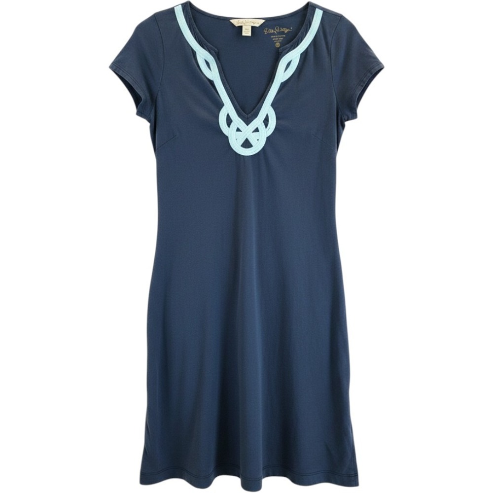 Lilly Pulitzer Navy Blue Pima Cotton V-Neck Rope Trim Shift Dress Womens Small